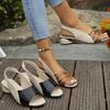 Ladies' Contrasting Color Elegant Sandals, Ankle Cushioned Plaid Comfortable Thick Heel Shoes, Casual Open Toe Shoes