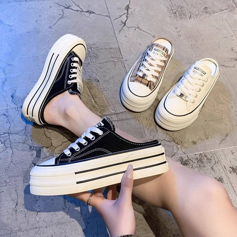 Baotou half slippers women without heels lazy canvas board shoes platform casual slippers casual slippers