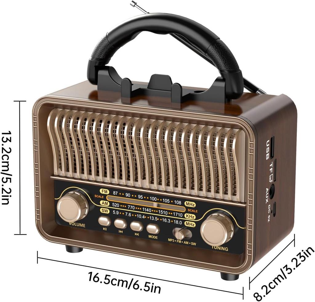 Retro Portable AM/FM/SW Radio with Rechargeable Battery, TF/AUX Playback & Antenna. Wireless for Home, or Emergency.