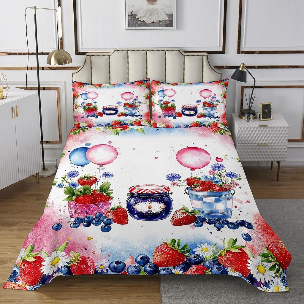 Cartoon Blueberry Bedspread Summer Tropical Fruit Quilted Coverlet Watercolor Botanical Leaves Flower Bedding Set for Teen Adult