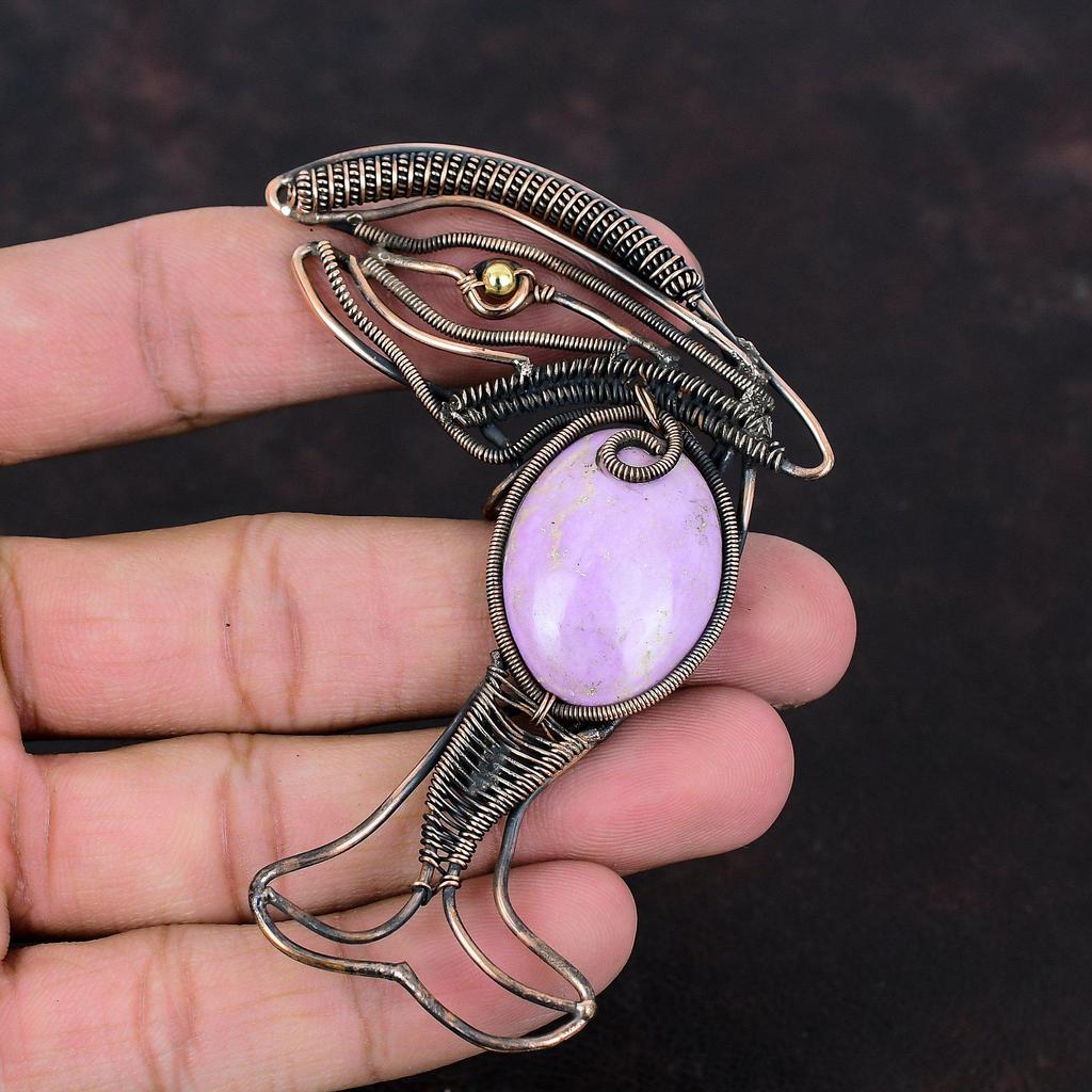 Кулон из фосфосидерита, кулон, обмотанный медной проволокой, кулон с драгоценным камнем, медные украшения, ручная работа, кулон в виде рыбы, украшения из фосфосидерита в подарок