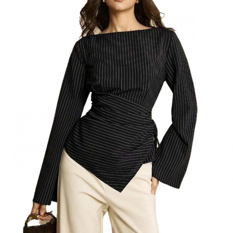 Striped Boat Neck Slim Fit Blouse Women - Lightweight Flowy Office Shirt With Elbow Sleeves Fall 2026