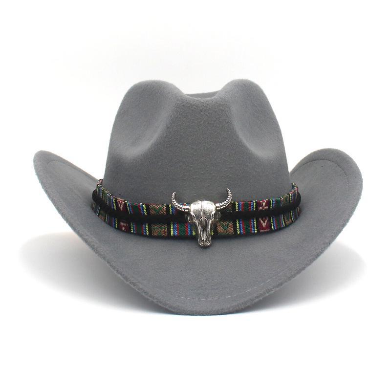 Western Cowboy-Style Wool Felt Hat with Bull Head Accent - Tibetan-Inspired Autumn/Winter Jazz Hat