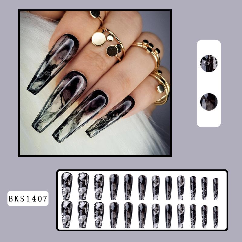 24PCS/SET Quick Nails Flower Diamond Manicure Long Ballet False Nails Waterproof Wearable Ready-made Nail Stickers