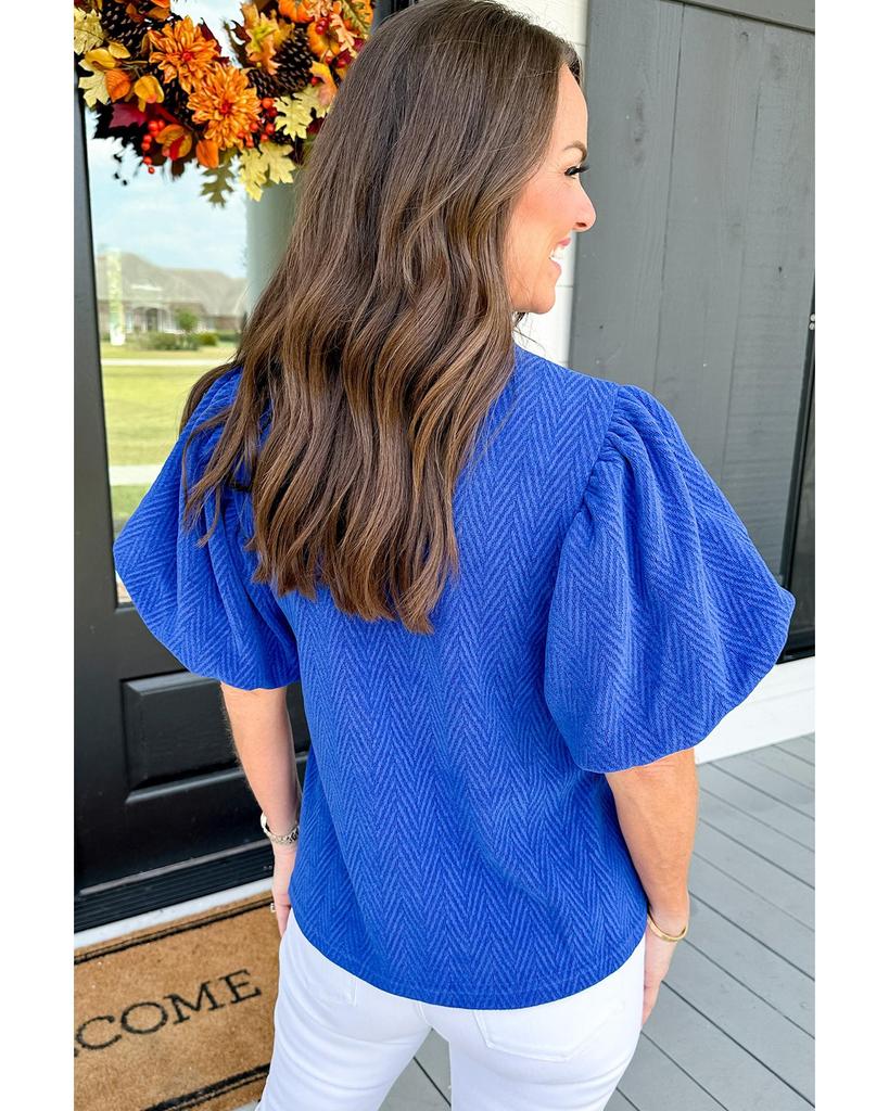 Azura Exchange Sky Blue Solid Textured Puff Sleeve Mock Neck Blouse