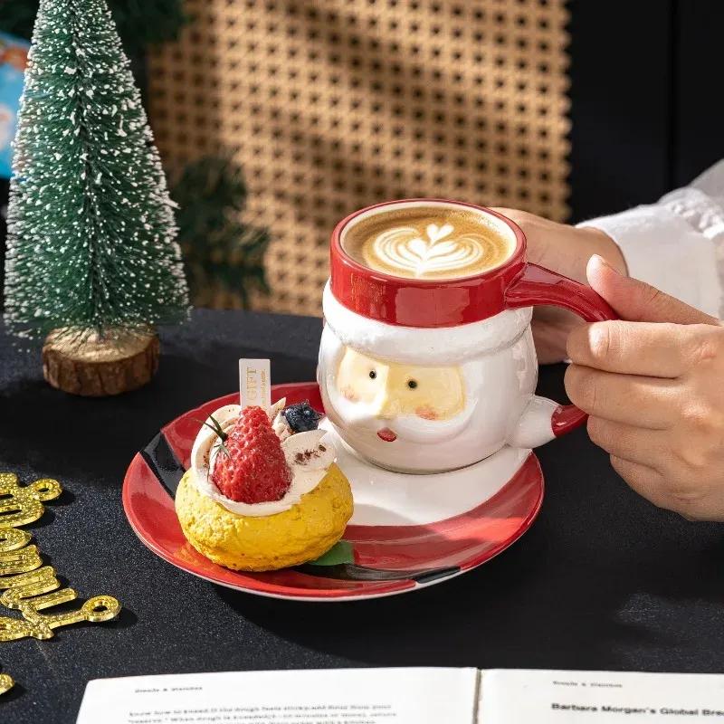Santa Claus Snowman Ceramic Coffee Cup and Saucer Breakfast Milk Beverage Mug Exquisite Afternoon Tea Flower Tea Coffee Cup Gift