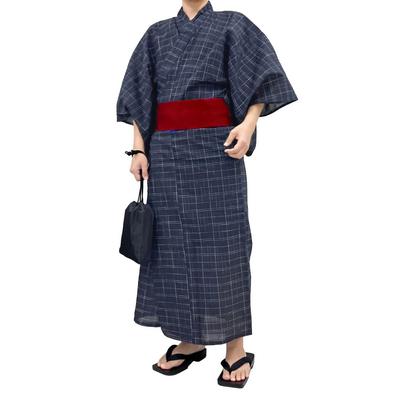 Кимоно юката комплект Shijira Weave черный темно-синий квадратный оби кимоно подарок ML LL [Kyoto Yuzen] мужской 2-х частей One-touch мужской (ВМС, М)
