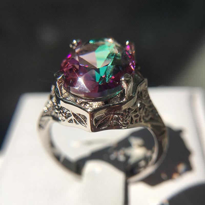 Colorful Stone Round Zircon Wedding Ring For Women Micro-Inlaid Simulation Rainbow Gem Ring Jewelry Engagement Ring