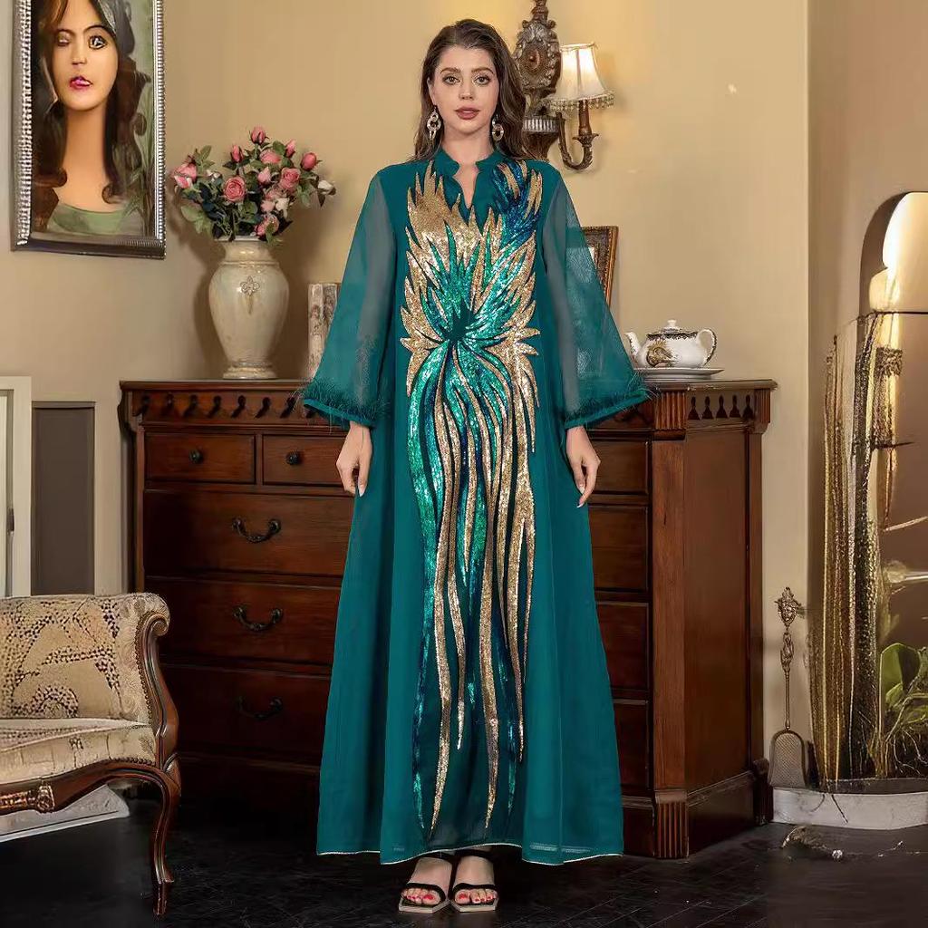 SW008 Мусульманская абайя с V-образным вырезом и длинными рукавами, украшенная страусиными перьями и пайетками