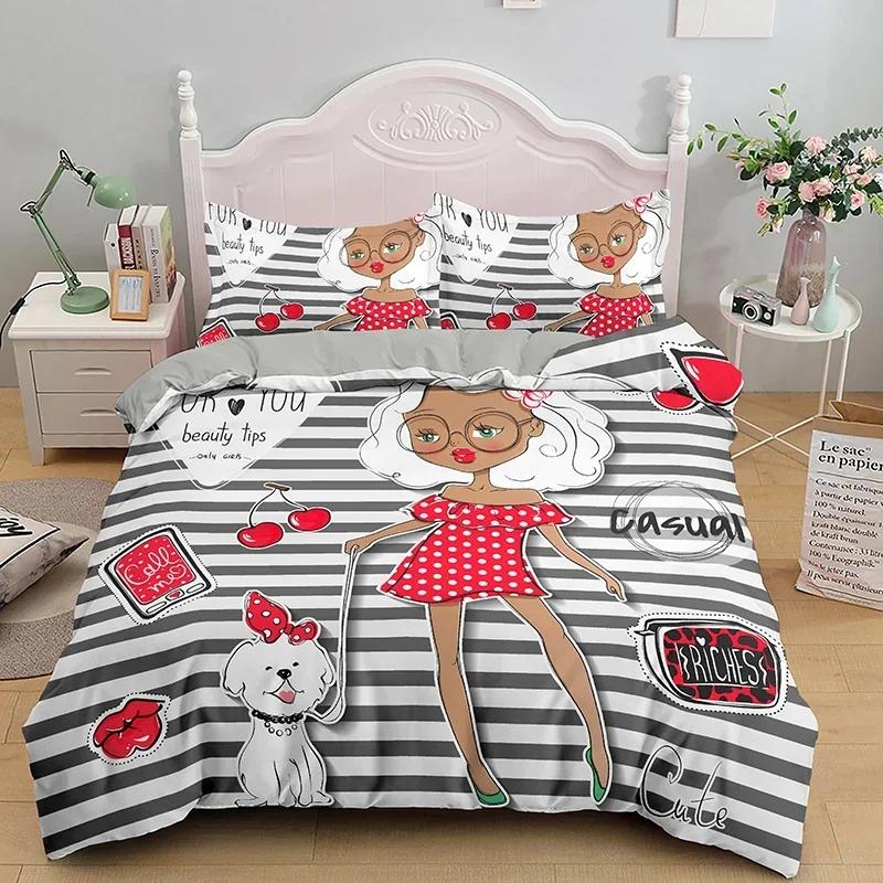 Cartoon Girly Watercolor Fashion Girl Comfortable Duvet Cover Pillowcase Bedding Set Children Bedroom Decoration Home Textile