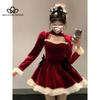 Новое зимнее красное платье с подвесками в рождественском стиле во французском стиле, кружевное плиссированное бархатное короткое платье с бантом и бантом