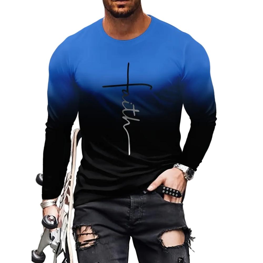 Spring and Autumn Round Neck 3D Cross Printed Top Fashionable Casual Vintage Christian Long Sleeved Men's T-shirts