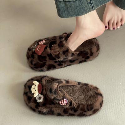 Модные ретро мультяшные туфли-тапочки с пушистым мишкой для девочки, осенние, теплые, мягкие и удобные, повседневные, на толстой подошве, с закрытым носком