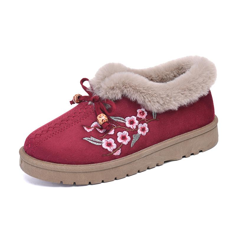 Женские зимние теплые ботинки на платформе для снега с подкладкой из искусственного меха, повседневные нескользящие короткие ботинки с вышивкой для женщин, домашняя обувь для отдыха на открытом воздухе