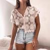 Fashion Ladies Short Sleeve Solid Color Hollow Out Knitted Crochet Pullover Cover-up Blouse Top