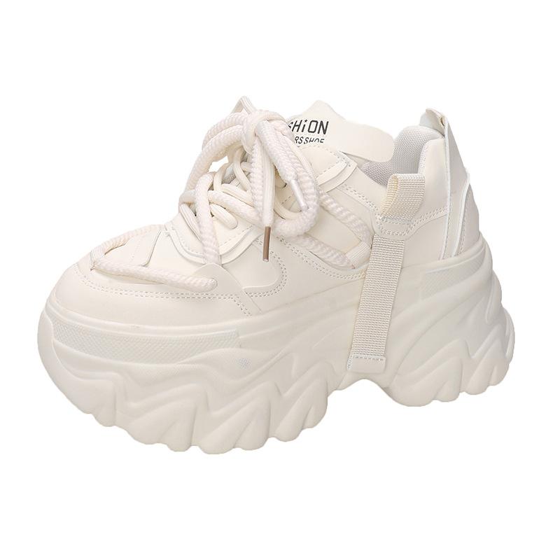 Fashion Women Platform Sneakers Spring Autumn 8CM Hidden Heel Sports Dad Shoes Woman Lace Up Leather White Casual Tennis Shoes Zapatos