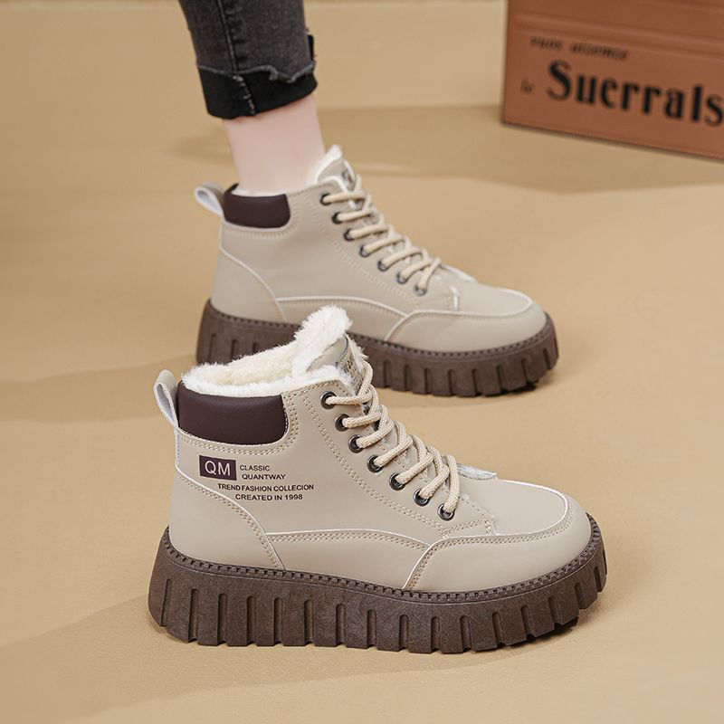 Winter All-match British Style Thick-Soled Inner Increase Women's Shoes Plus Velvet Short Boots
