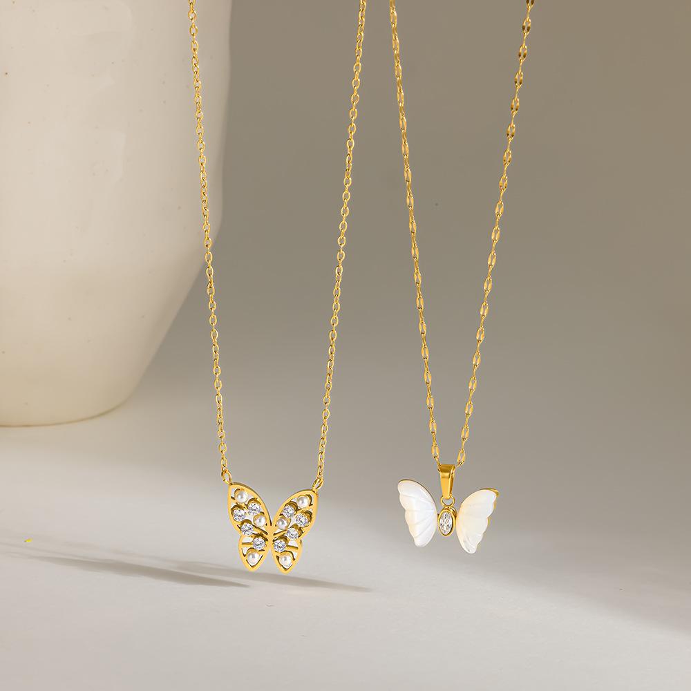 Explosive fashion temperament inlaid zircon imitation mother of pearl butterfly pendant necklace women's stainless steel waterproof neck chain