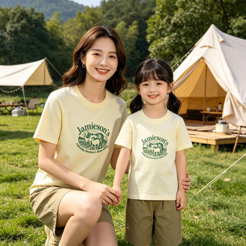100% Cotton Lamb Print Mother-Daughter Matching Short Sleeve T-Shirt - Round Neck, Casual Top