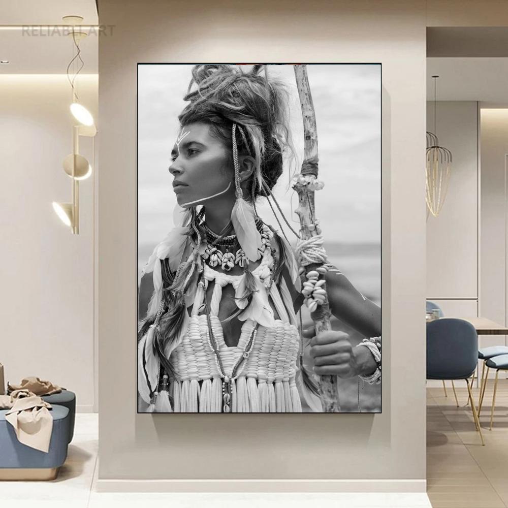 Портретные постеры для девочек в стиле бохо, холст, картина, американская девушка с перьями, женские современные настенные художественные картины для гостиной, домашний декор