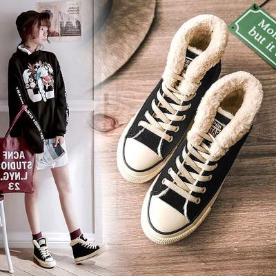 Холщовые туфли женские туфли высокий верх 2025 осень и зима новые корейская версия хлопковые туфли теплые туфли Мао Мао универсальные студенческие две хлопковые туфли