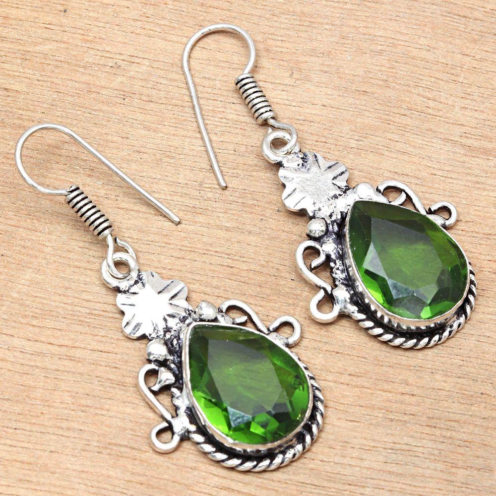 Peridot Quartz Gemstone Handmade Gift For Her Silver Jewelry Earrings 1.75"
