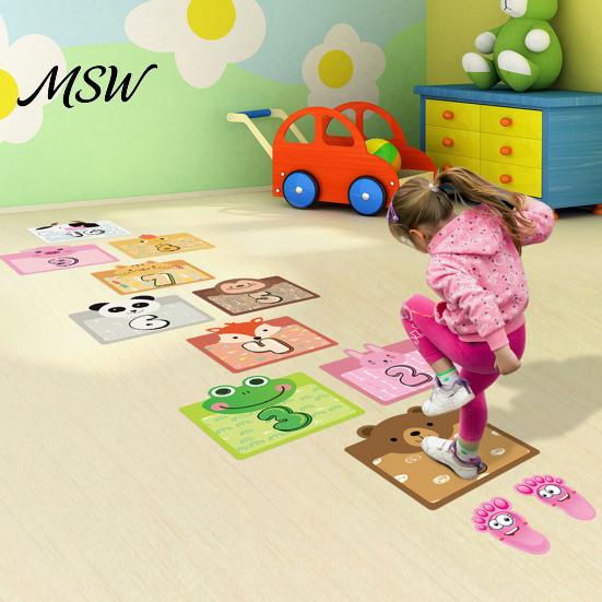 Fun Kindergarten Wall Decals Number Lattice Floor Stickers, 1-10 Hopscotch Game Decals, Removable Educational Playroom Decor Cartoon Animals