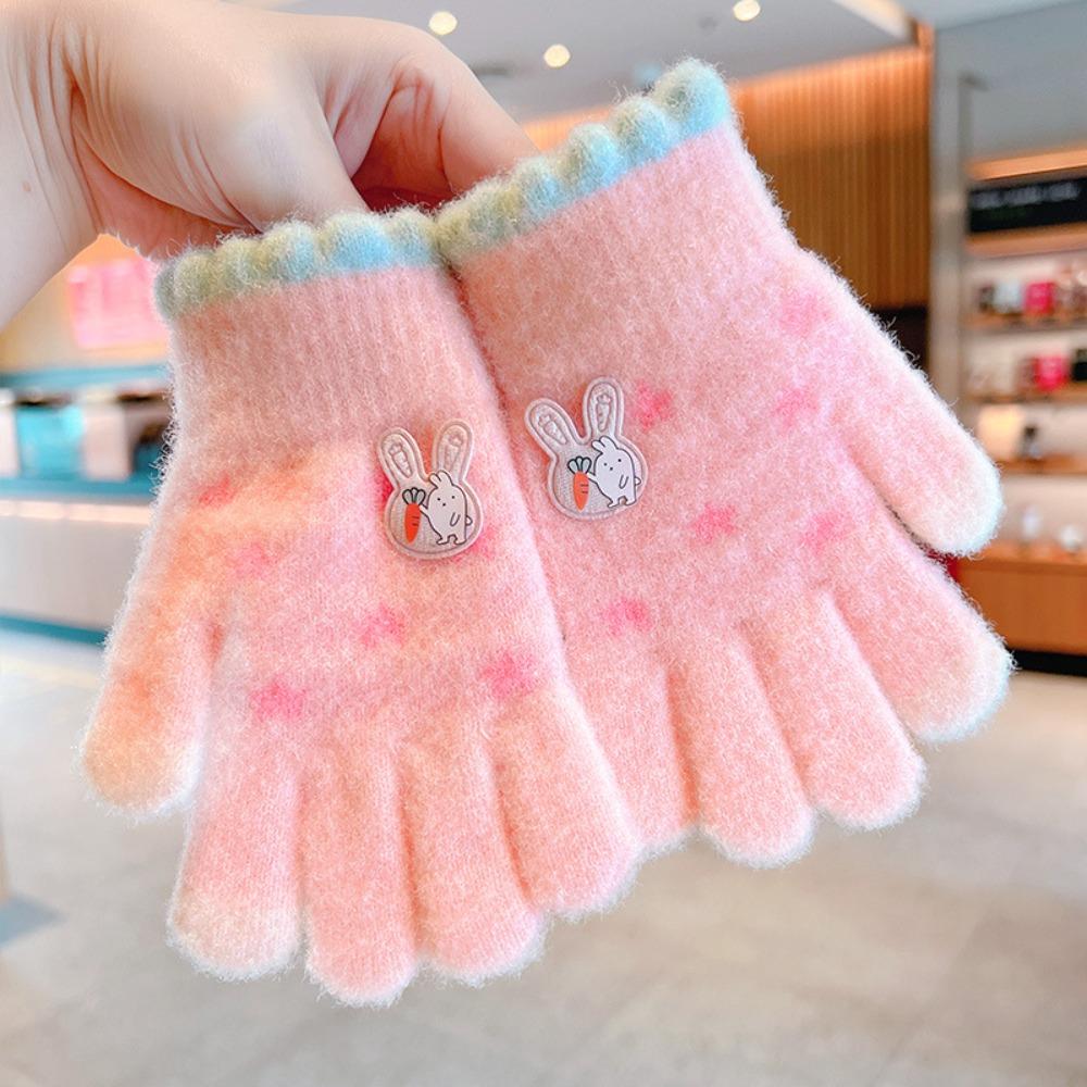 Cute Cartoon Children Full Fingers Gloves Thickened Windproof Gloves New Kids Knitted Gloves