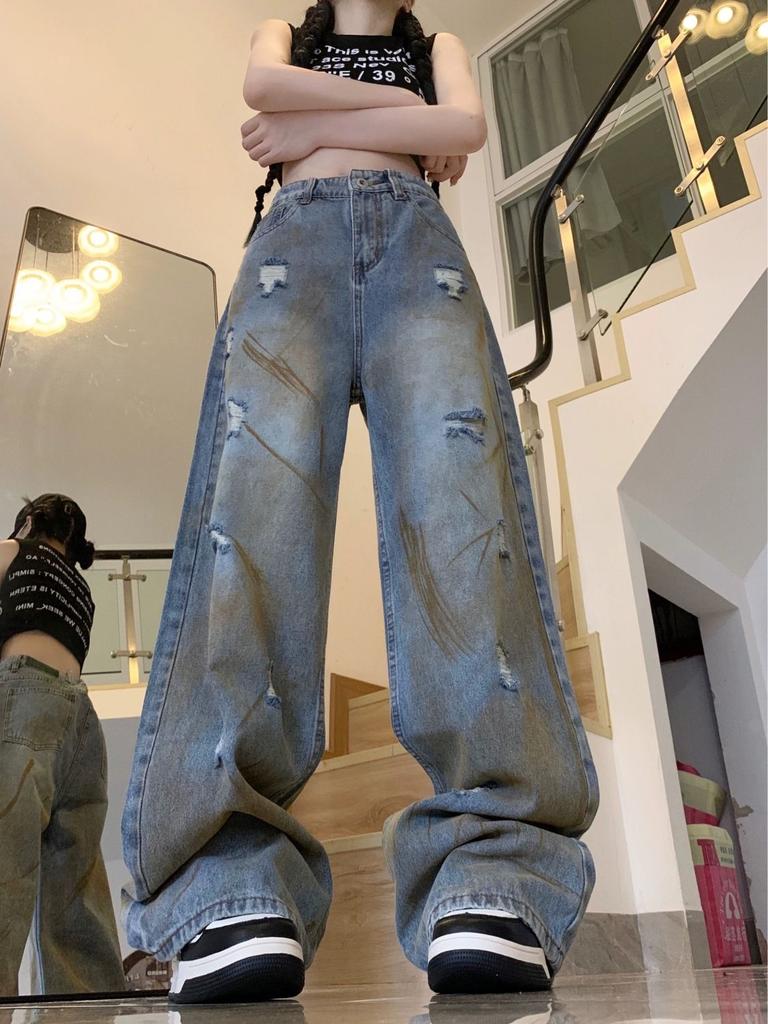 Американский стиль ретро джинсы Wasteland с высокой талией женские свободные повседневные прямые брюки уличная одежда эстетичный дизайн Ins длинные брюки