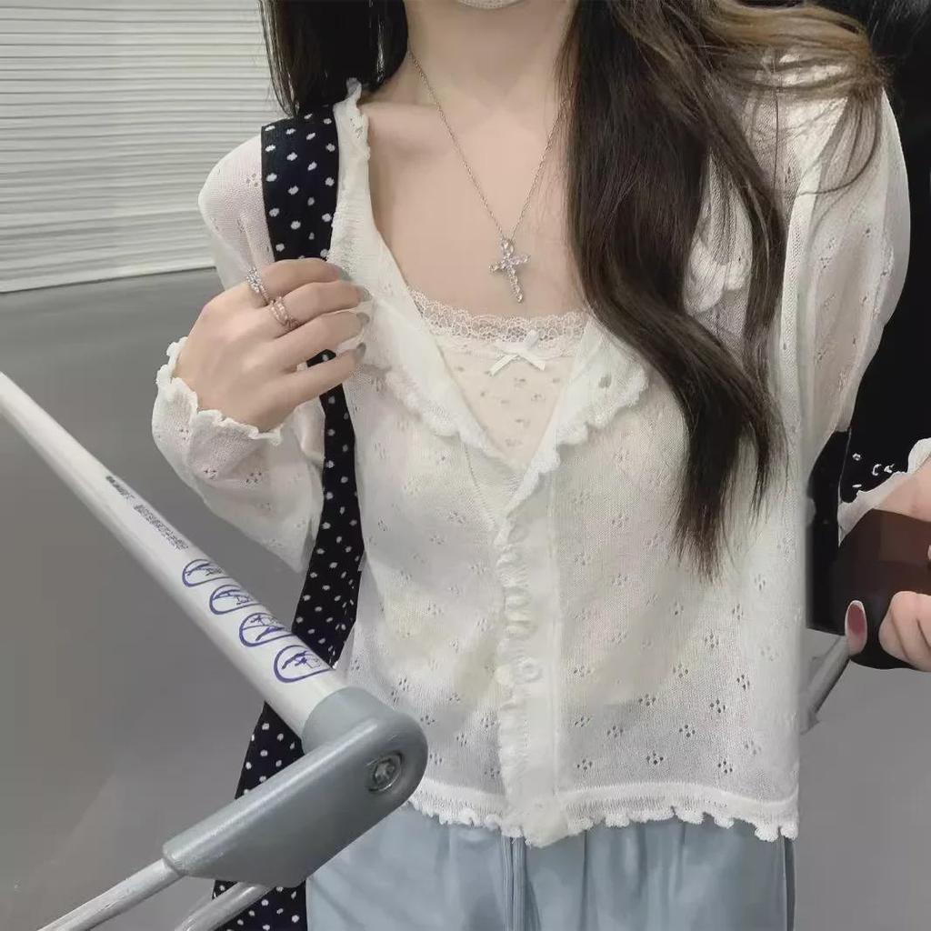 Шикарный летний свитер корейской ажурной вязки 2025 года — женский свободный, короткий, с длинными рукавами кардиган