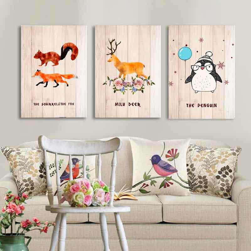 Cute Animals Fox Penguin Milu Deer Canvas Painting Nursery Wall Art Kid's Room Decor Boys Girls Home Decor Kitchen Posters No Frame