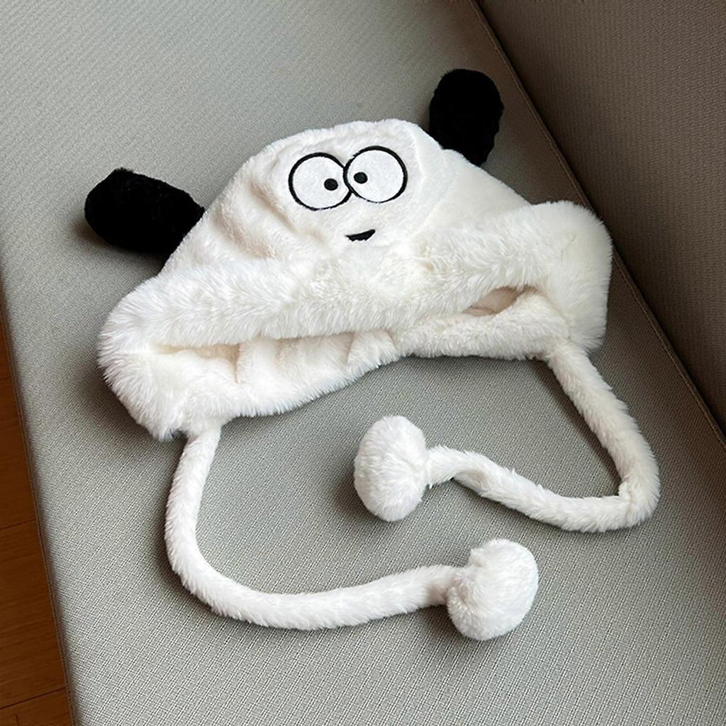 Winter Keep Warm Plush Bucket Hat Ladies Windproof Commute Camping Skiing Fisherman Cap Cute Big Eyes Hat for Girlfriend White