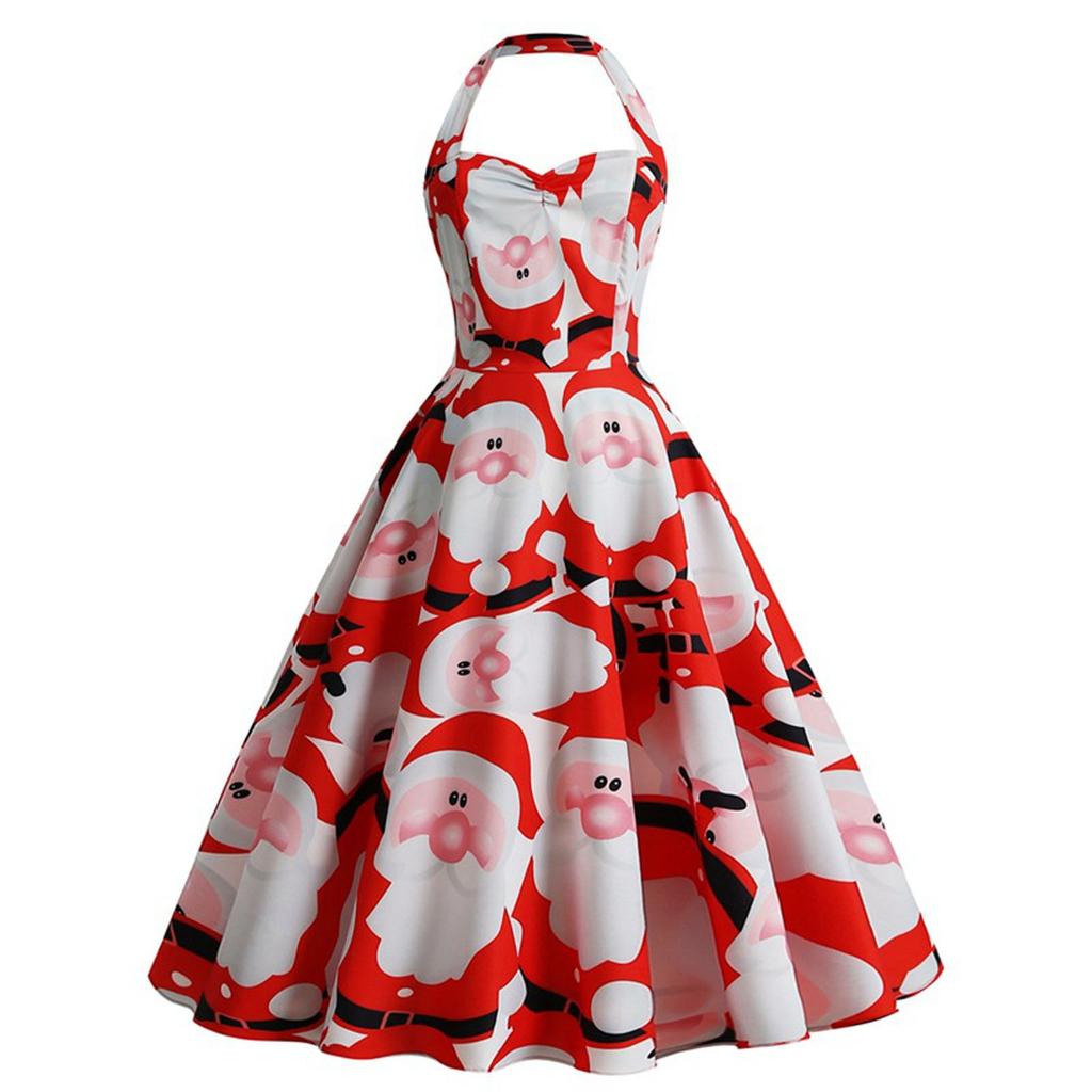 (Great home)Women's Christmas Sexy Halter Neck Santa Print Dress Party Mini Dress