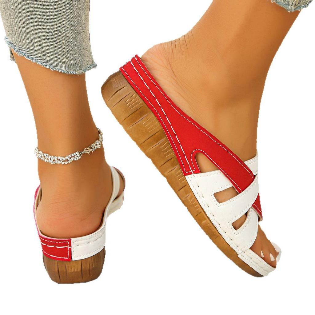 Color Matching Open-toed Platform Slippers Women's Slope Heel Sewing Line Light Beach Cool Slippers
