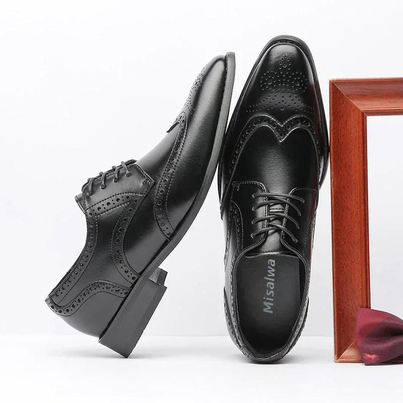 Fashion Genuine Leather Brogue Men Shoes 6CM Height Increase Formal Dress Shoe Business Office Italian Men Designer Shoes