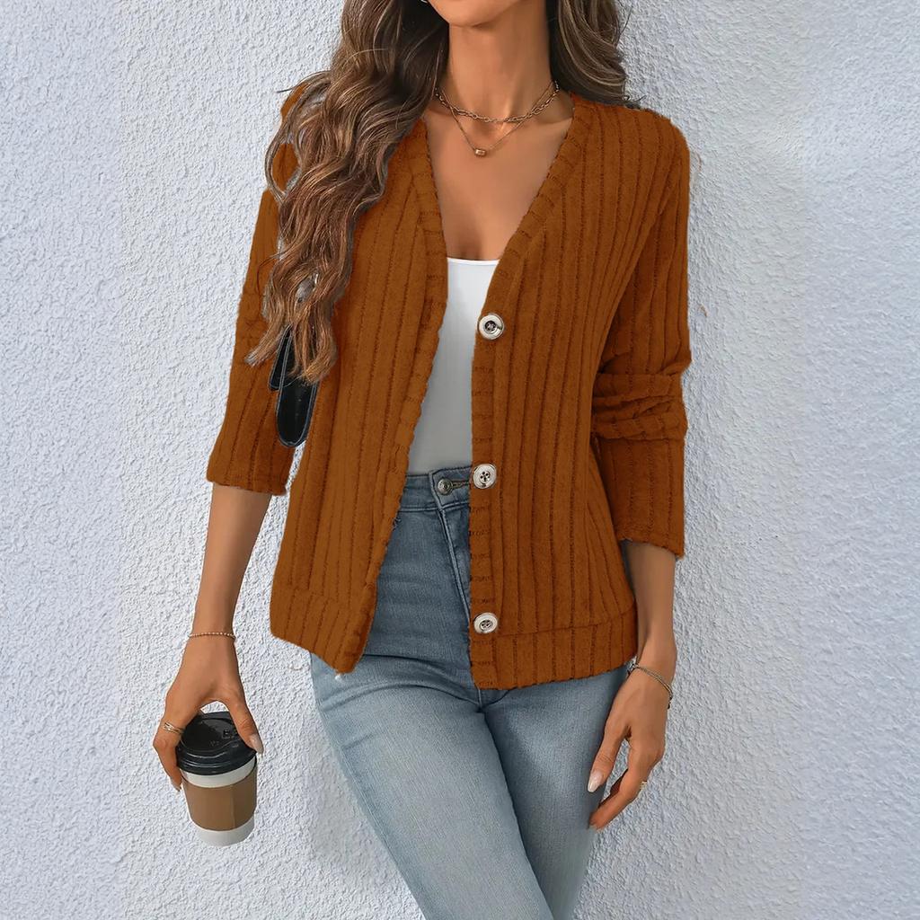 Women's Fashion Solid Color V-neck Long Sleeve Button Casual Cardigan Coat