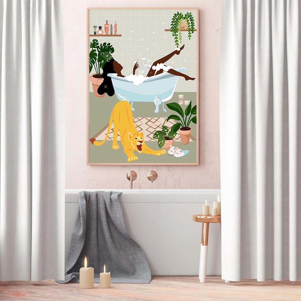 Рамка из цельного дерева Афро-Американский женский принт в стиле бохо Черная девушка Плакат Джунгли Леди Холст Картина Растение Animail Настенная картина Декор в гостиную