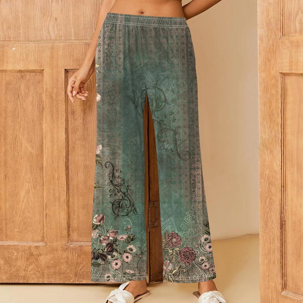 Женские повседневные брюки прямого кроя с эластичным поясом и принтом