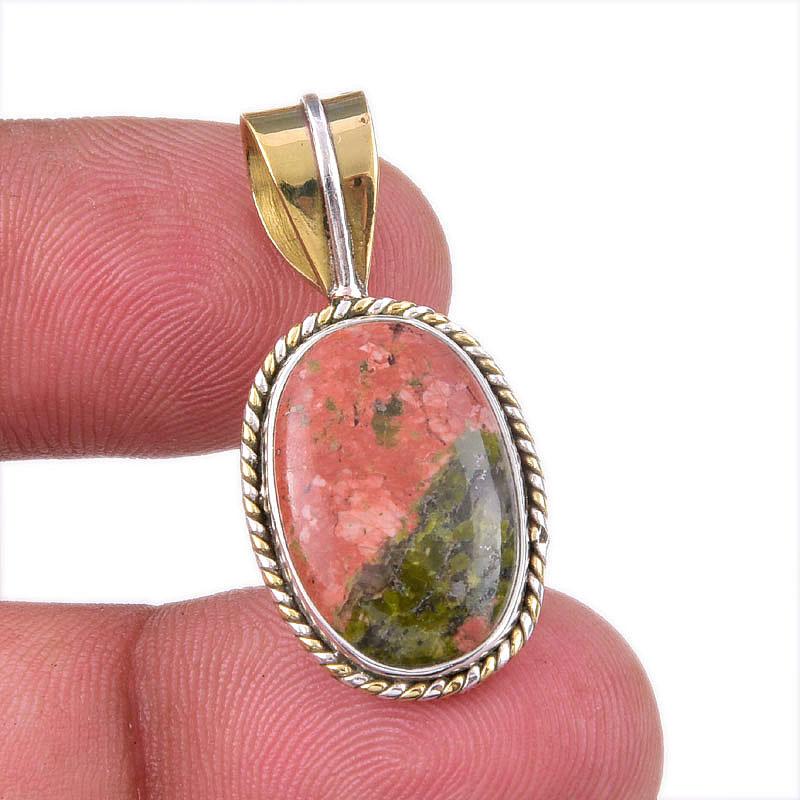 Natural Unakite Gemstone 925 Solid Sterling Silver Two Tone Pendant 1.50" v0D07
