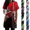 Women's Loose Shirts Printed Short Sleeve Drawstring Hoodies Knit Side Slit Tunic Hooded Tops With Pocket