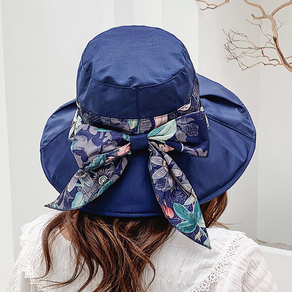 Female Summer Sun Hat Wide Brim Printing Bowknot Ribbon Foldable Soft Cap