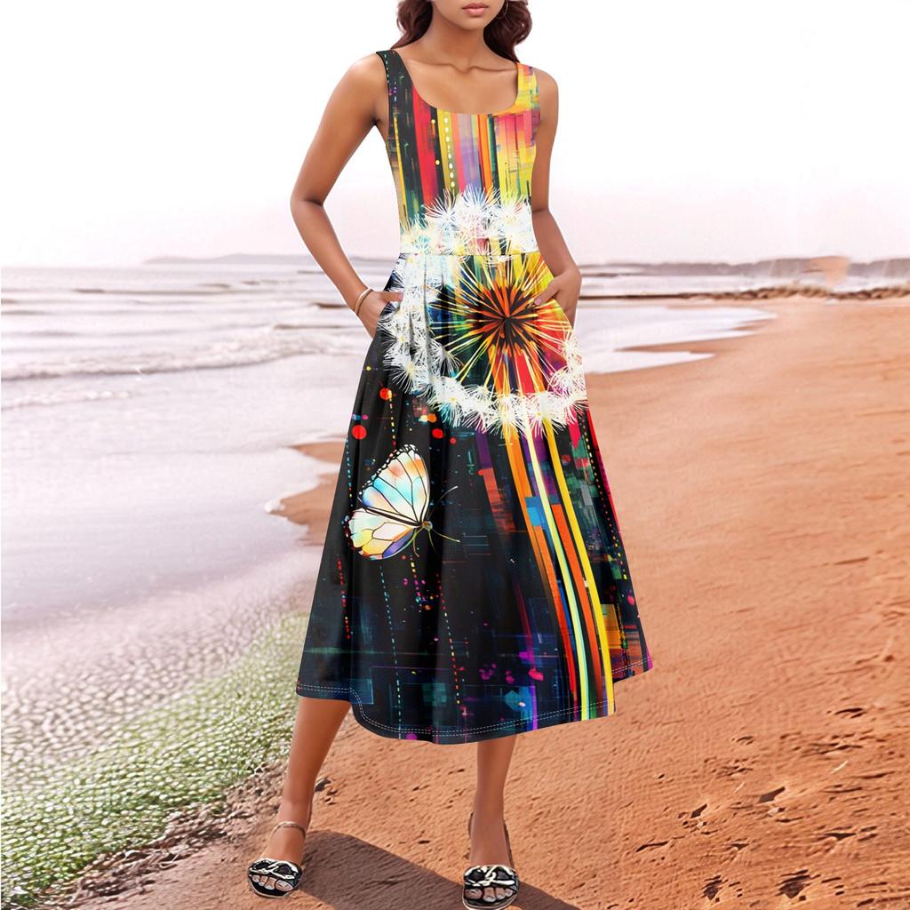 Women's Summer Spring Casual Floral Sundress Sleeveless Beach Vacation Flowy Boho Tank Midi Dresses