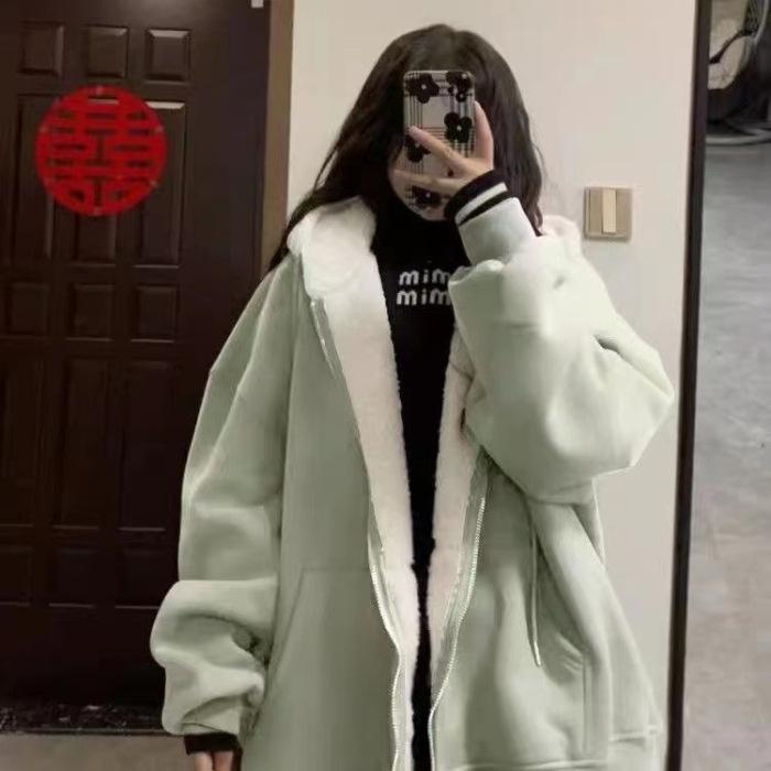 Pink Plus Velvet Hooded Sweatshirts Women Autumn Winter Zipper Thicken Warm Hoodies Woman Korean Student Lamb Wool Coat