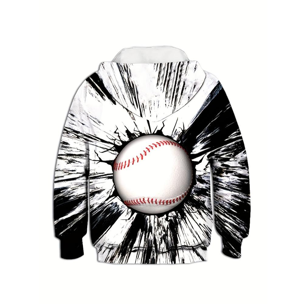 Толстовка с капюшоном и длинными рукавами для мальчиков - Модный бейсбольный узор с принтом Легкая, удобная, повседневная и уличная одежда