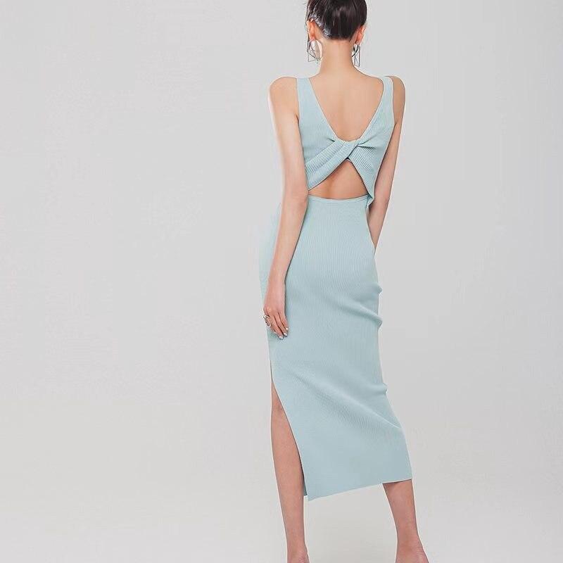 Fashion Sexy Korean Knitted Sweater Dress Women Summer V Neck Sleeveless Hollow Out Slim Bodycon Dress Femme Split Long Dresses 29094