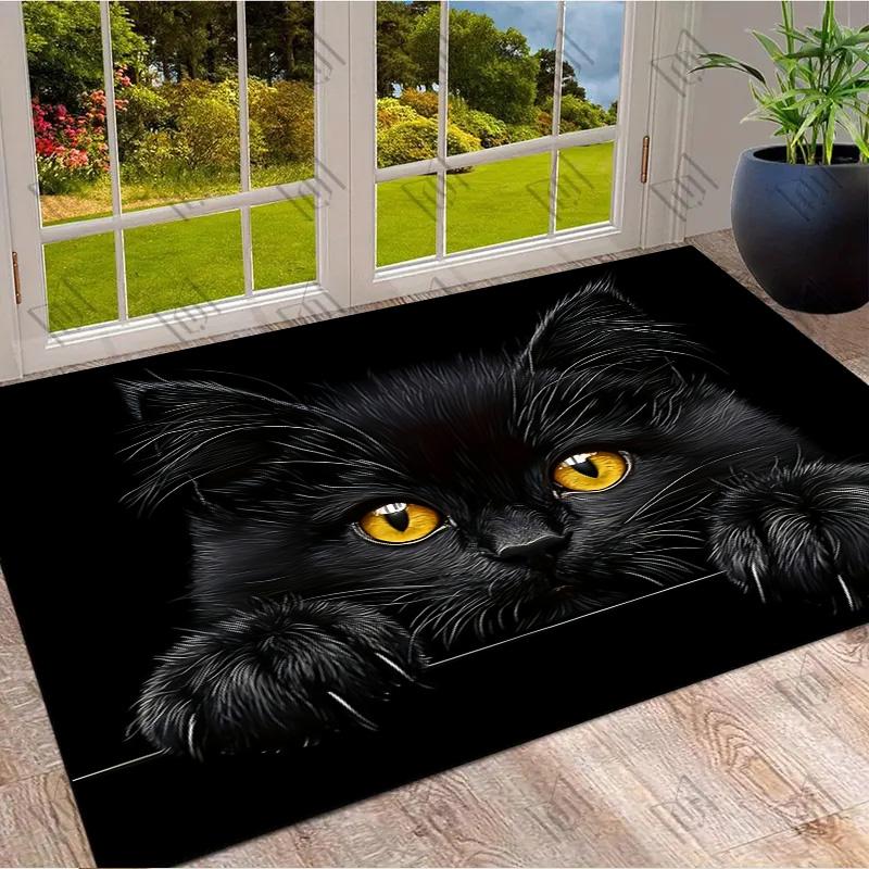 Black Cat Yellow Eyes Peeking Black Background Print Area Rug Cute Pet Non Slip Living Room Floor Mat Cat Lover Home Decor Rug