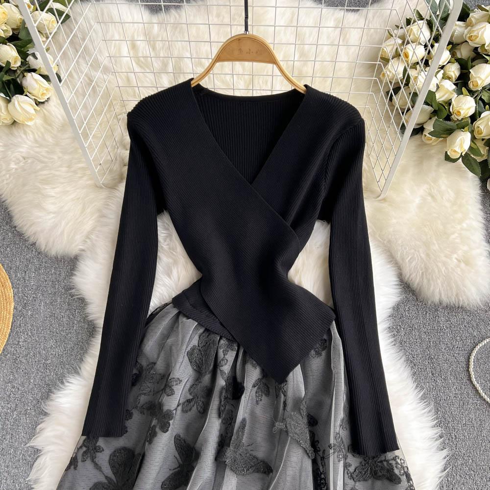 Осень-зима, женский повседневный вязаный свитер, сетчатые лоскутные платья, винтажное вечернее платье миди из тюля с v-образным вырезом и вышивкой-бабочкой