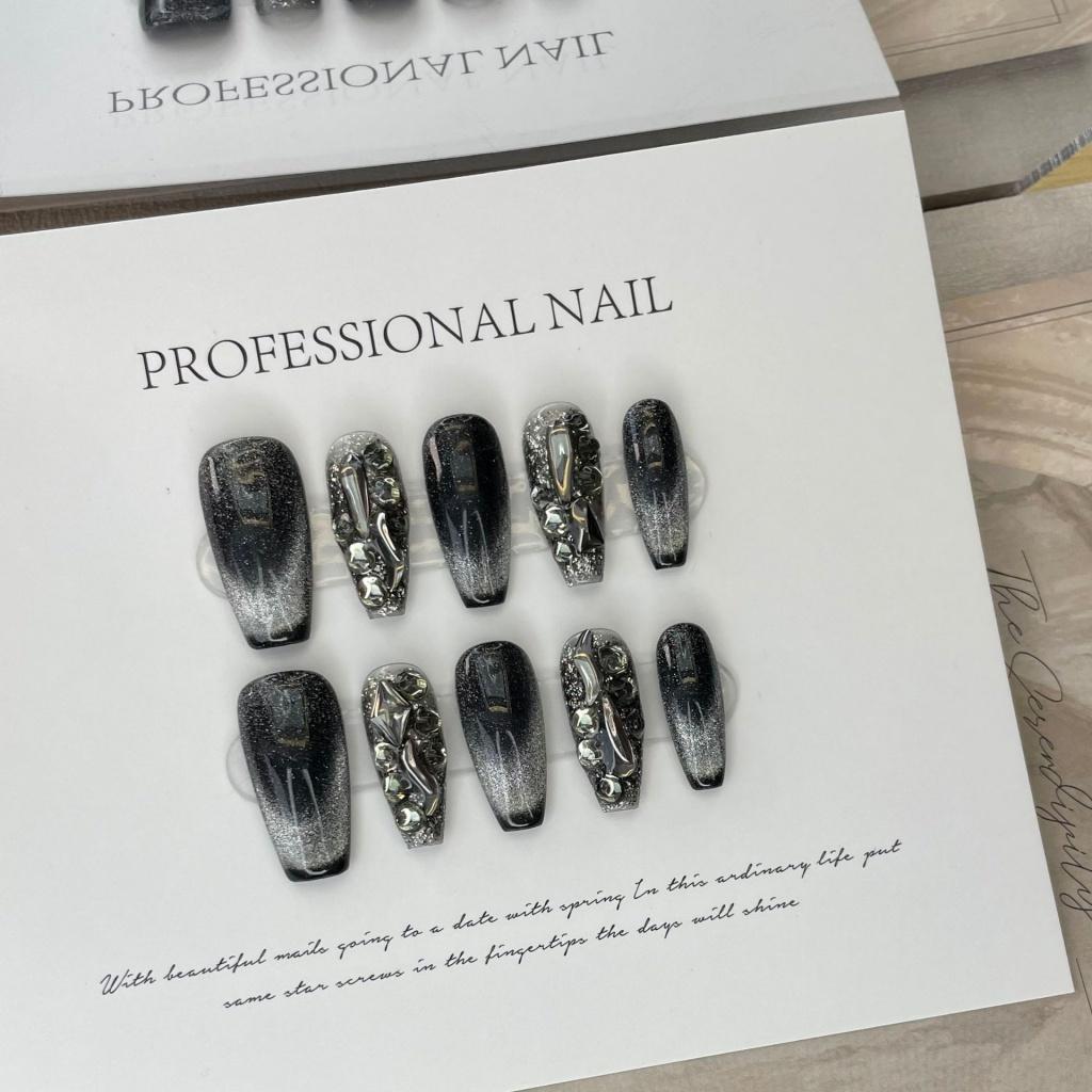 Набор накладных ногтей «кошачий глаз» РУЧНОЙ РАБОТЫ с клеем, полный бриллиантов, белые и темные нишевые черные накладные ногти