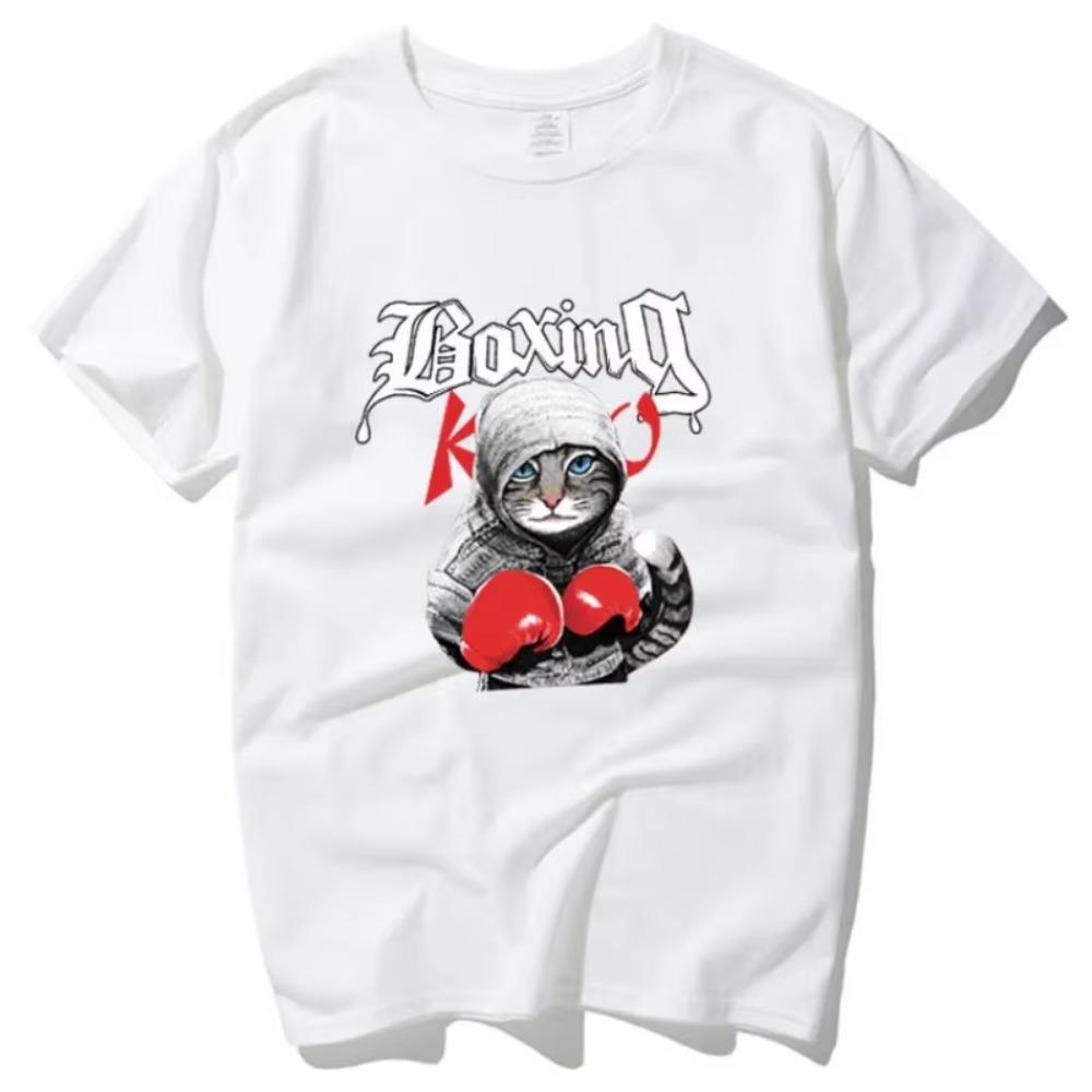 2018 Новая летняя футболка с короткими рукавами для мужчин с изображением кота в стиле бокса, женская модная студенческая футболка Harajuku из чистого хлопка, свободная посадка