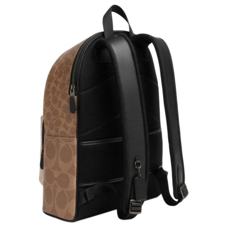 Coach Brown & Beige Signature Canvas Large Backpack with Colorblock Pocket for Daily Use